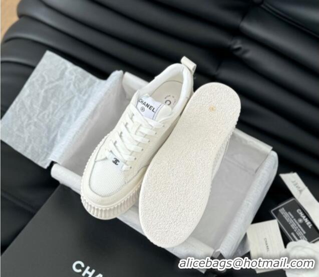 Shop Duplicate Chanel Mesh and Leather Platform Sneakers White 601111