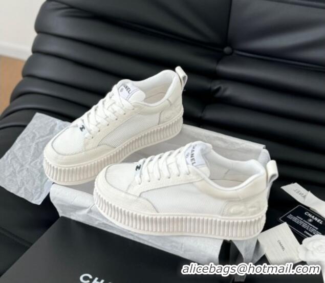 Shop Duplicate Chanel Mesh and Leather Platform Sneakers White 601111