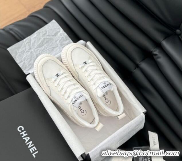 Shop Duplicate Chanel Mesh and Leather Platform Sneakers White 601111