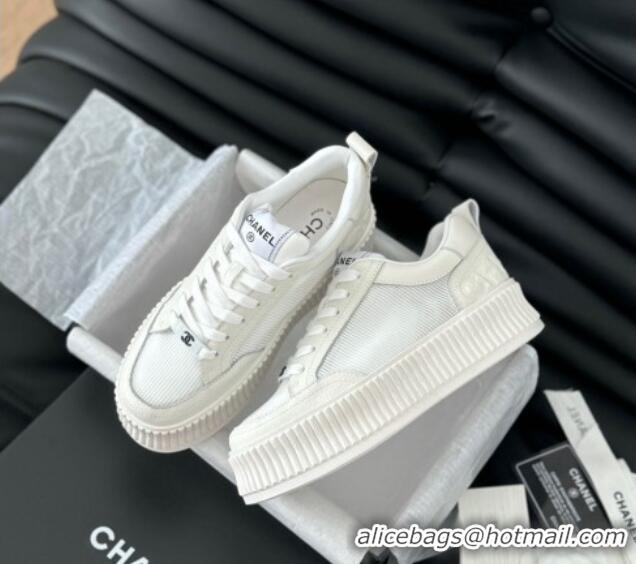 Shop Duplicate Chanel Mesh and Leather Platform Sneakers White 601111