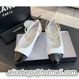 Low Price Chanel Lambskin Ballet Flats with Pearls Anklet White 603001