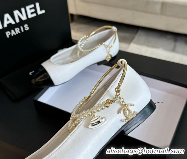 Low Price Chanel Lambskin Ballet Flats with Pearls Anklet White 603001