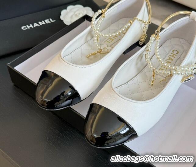 Low Price Chanel Lambskin Ballet Flats with Pearls Anklet White 603001