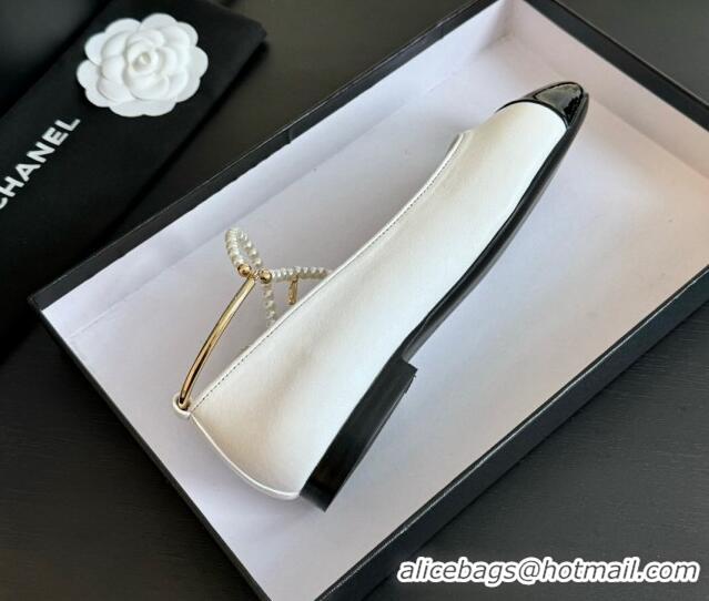 Low Price Chanel Lambskin Ballet Flats with Pearls Anklet White 603001