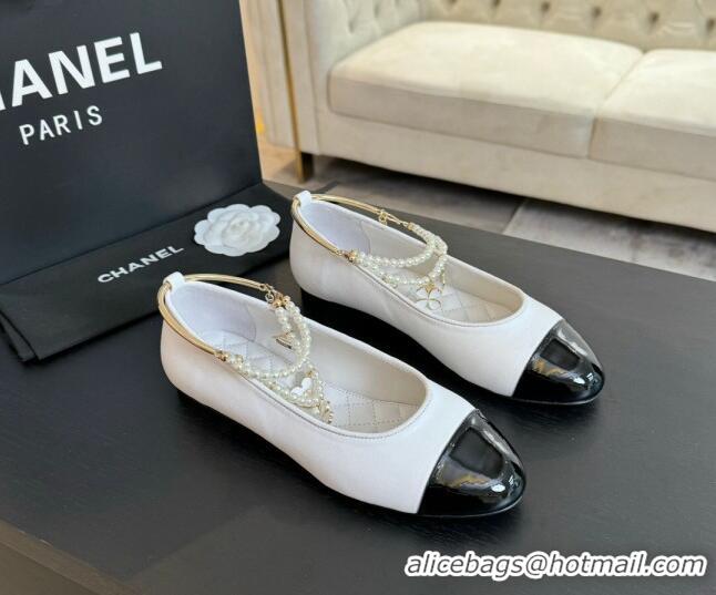 Low Price Chanel Lambskin Ballet Flats with Pearls Anklet White 603001