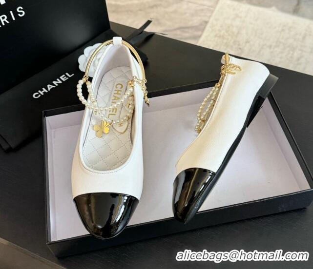 Low Price Chanel Lambskin Ballet Flats with Pearls Anklet White 603001