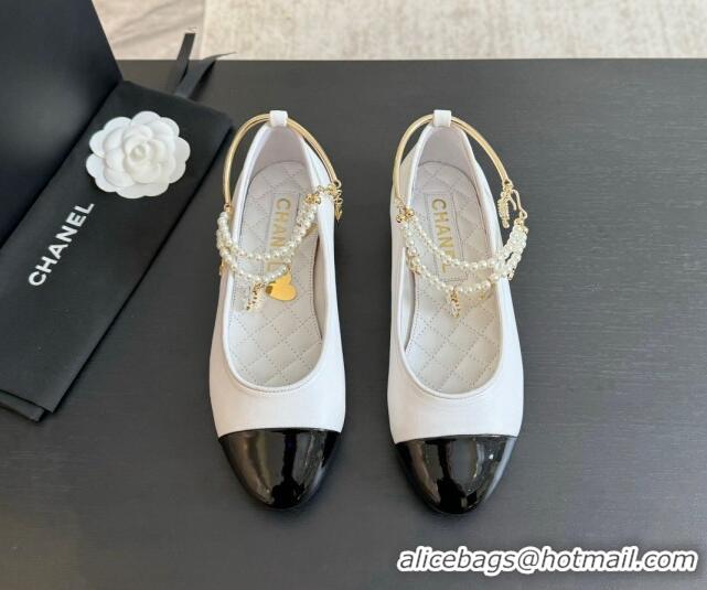 Low Price Chanel Lambskin Ballet Flats with Pearls Anklet White 603001