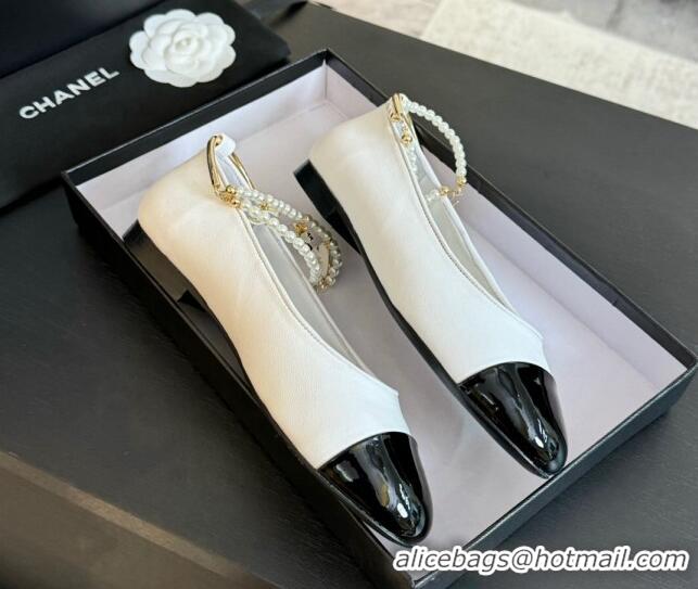 Low Price Chanel Lambskin Ballet Flats with Pearls Anklet White 603001