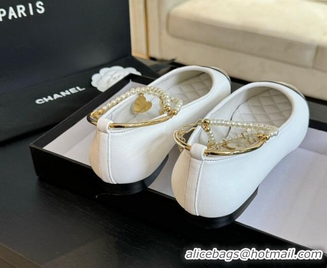 Low Price Chanel Lambskin Ballet Flats with Pearls Anklet White 603001