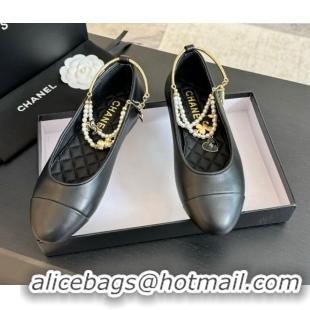 Low Cost Chanel Lambskin Ballet Flats with Pearls Anklet Black 603002