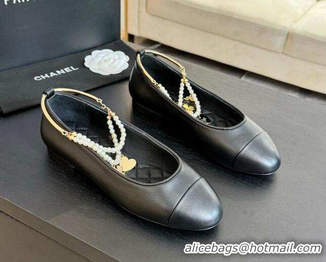 Low Cost Chanel Lambskin Ballet Flats with Pearls Anklet Black 603002