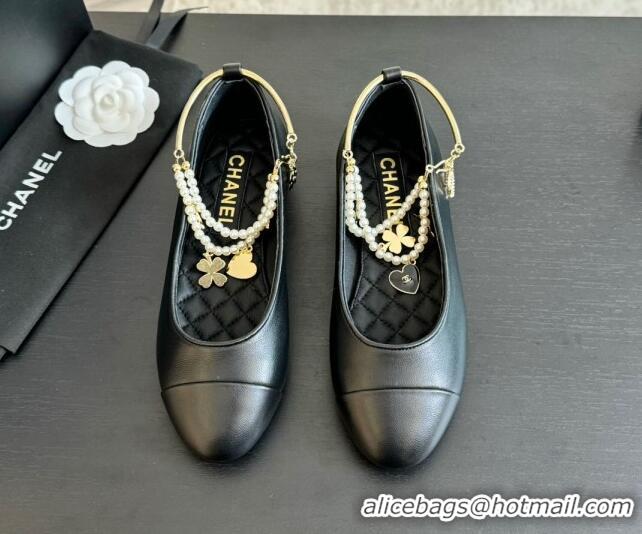 Low Cost Chanel Lambskin Ballet Flats with Pearls Anklet Black 603002