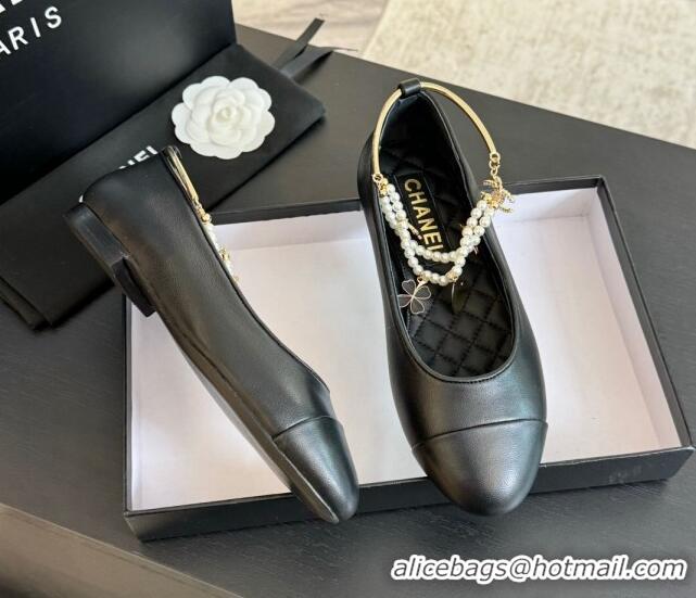 Low Cost Chanel Lambskin Ballet Flats with Pearls Anklet Black 603002