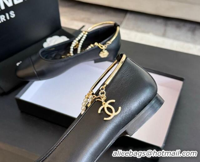 Low Cost Chanel Lambskin Ballet Flats with Pearls Anklet Black 603002