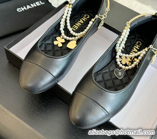 Low Cost Chanel Lambskin Ballet Flats with Pearls Anklet Black 603002