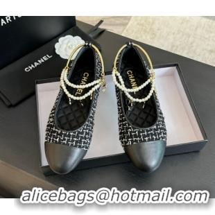 Best Product Chanel Tweed Ballet Flats with Pearls Anklet Black 603003