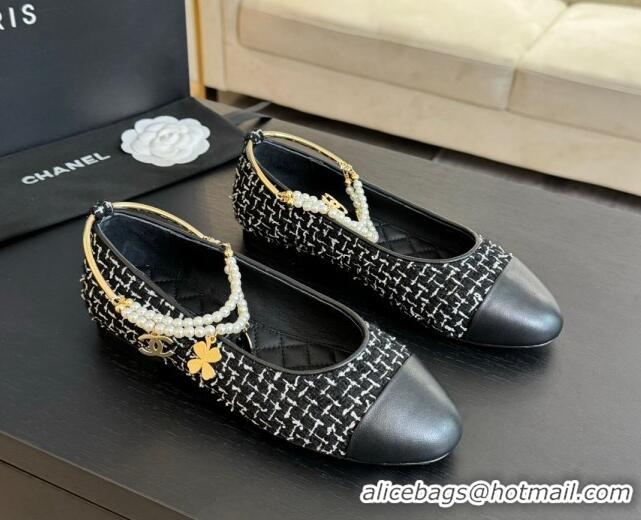 Best Product Chanel Tweed Ballet Flats with Pearls Anklet Black 603003