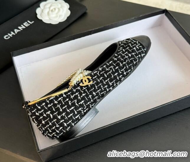 Best Product Chanel Tweed Ballet Flats with Pearls Anklet Black 603003