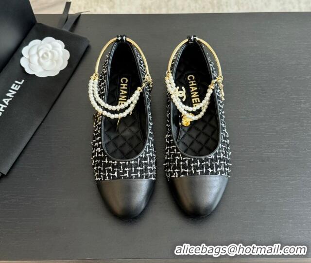 Best Product Chanel Tweed Ballet Flats with Pearls Anklet Black 603003