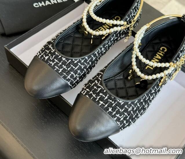 Best Product Chanel Tweed Ballet Flats with Pearls Anklet Black 603003