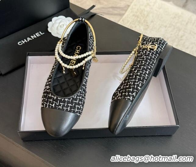 Best Product Chanel Tweed Ballet Flats with Pearls Anklet Black 603003