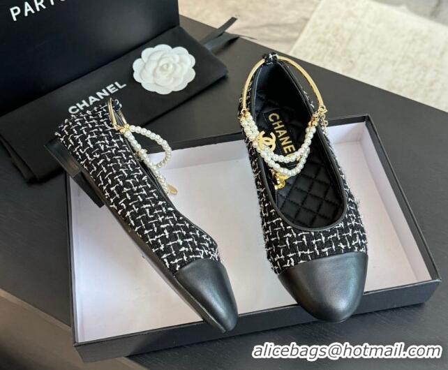 Best Product Chanel Tweed Ballet Flats with Pearls Anklet Black 603003