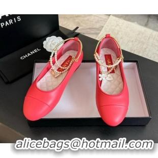 Luxurious Chanel Lambskin Ballet Flats with Pearls Anklet Red 603004