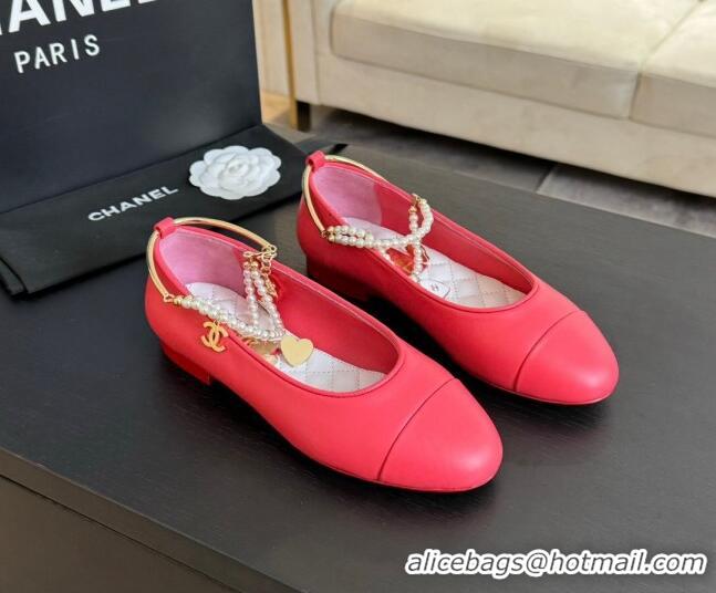 Luxurious Chanel Lambskin Ballet Flats with Pearls Anklet Red 603004