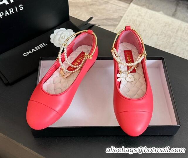 Luxurious Chanel Lambskin Ballet Flats with Pearls Anklet Red 603004