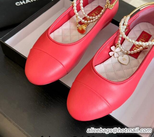 Luxurious Chanel Lambskin Ballet Flats with Pearls Anklet Red 603004