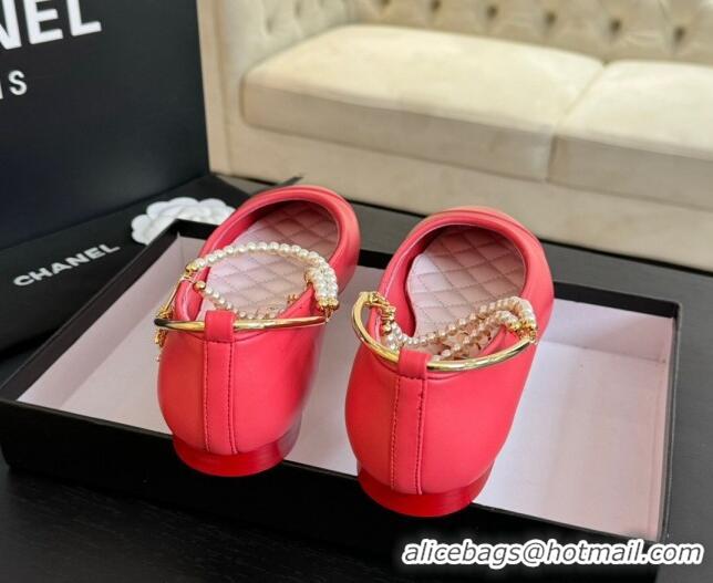 Luxurious Chanel Lambskin Ballet Flats with Pearls Anklet Red 603004