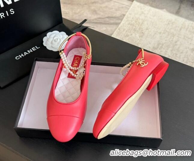 Luxurious Chanel Lambskin Ballet Flats with Pearls Anklet Red 603004