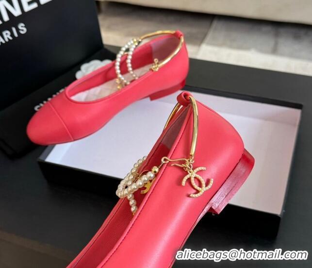 Luxurious Chanel Lambskin Ballet Flats with Pearls Anklet Red 603004