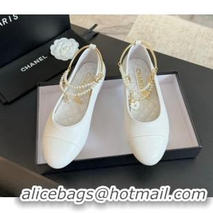 Top Design Chanel Lambskin Ballet Flats with Pearls Anklet White 603005