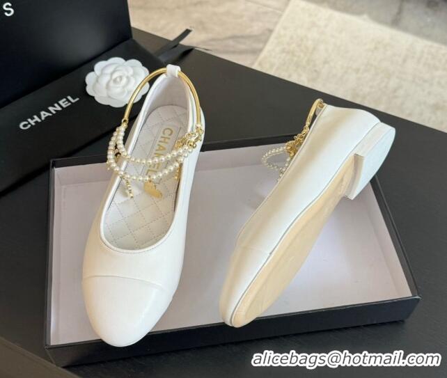 Top Design Chanel Lambskin Ballet Flats with Pearls Anklet White 603005