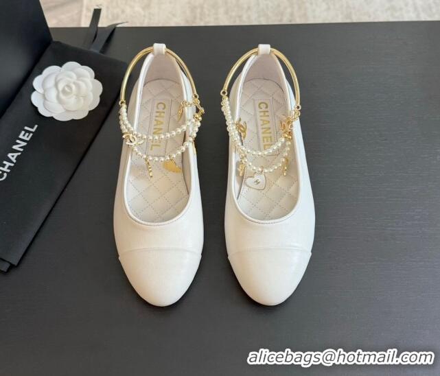 Top Design Chanel Lambskin Ballet Flats with Pearls Anklet White 603005