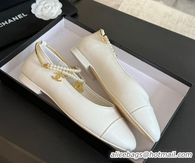 Top Design Chanel Lambskin Ballet Flats with Pearls Anklet White 603005