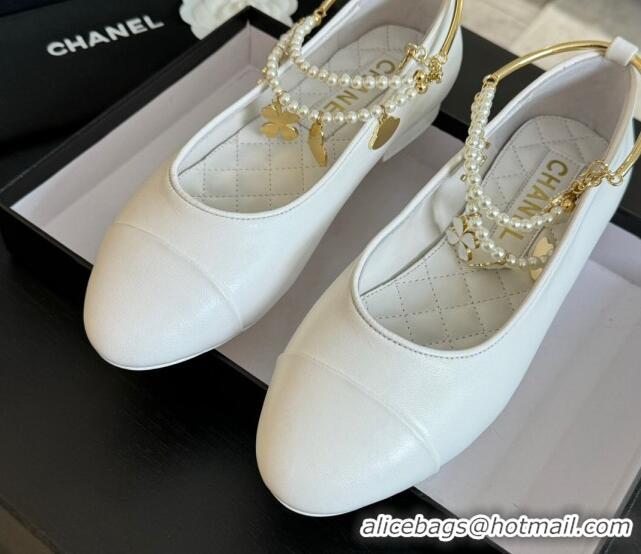 Top Design Chanel Lambskin Ballet Flats with Pearls Anklet White 603005