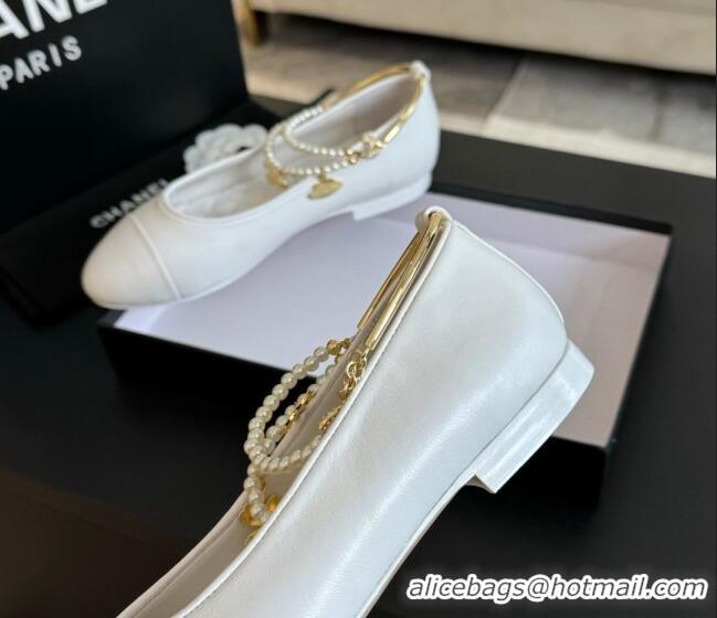 Top Design Chanel Lambskin Ballet Flats with Pearls Anklet White 603005