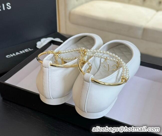 Top Design Chanel Lambskin Ballet Flats with Pearls Anklet White 603005