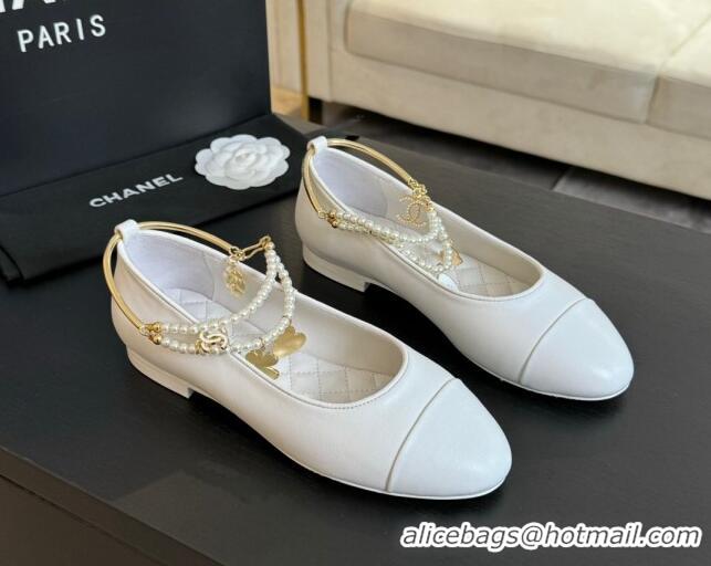 Top Design Chanel Lambskin Ballet Flats with Pearls Anklet White 603005