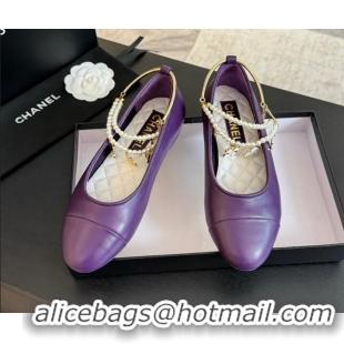 Popular Style Chanel Lambskin Ballet Flats with Pearls Anklet Purple 603006