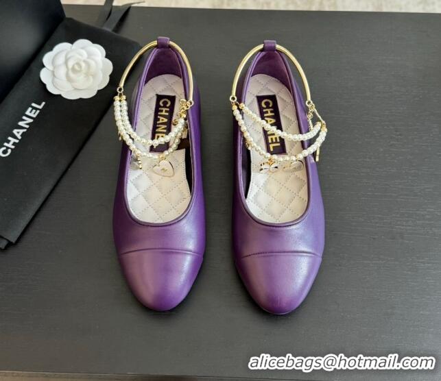 Popular Style Chanel Lambskin Ballet Flats with Pearls Anklet Purple 603006