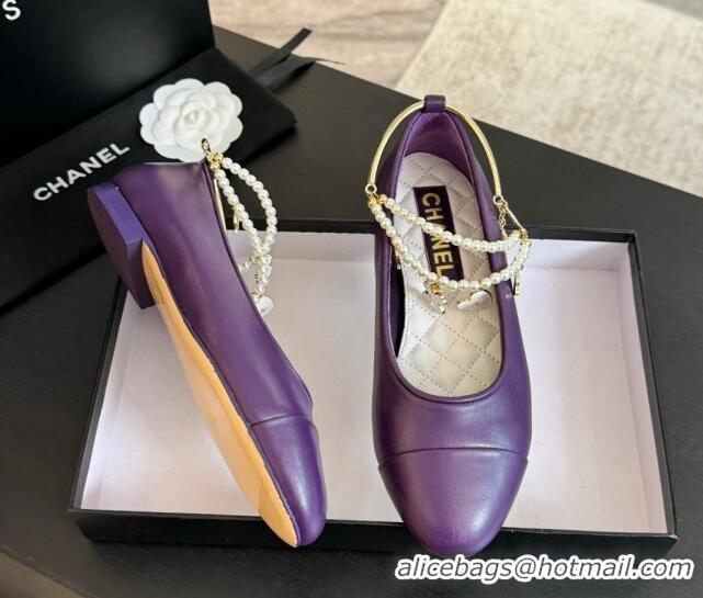 Popular Style Chanel Lambskin Ballet Flats with Pearls Anklet Purple 603006