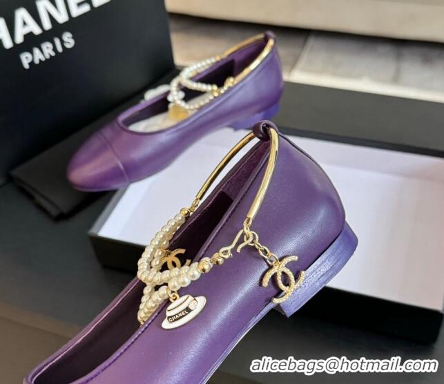 Popular Style Chanel Lambskin Ballet Flats with Pearls Anklet Purple 603006