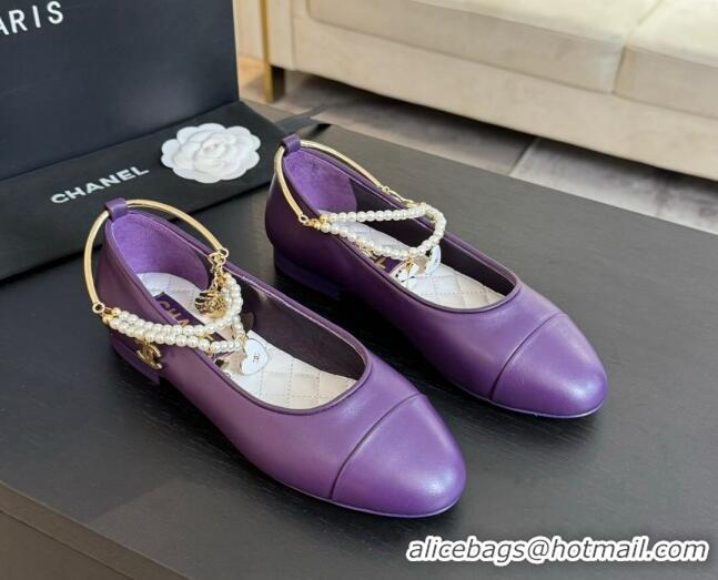 Popular Style Chanel Lambskin Ballet Flats with Pearls Anklet Purple 603006