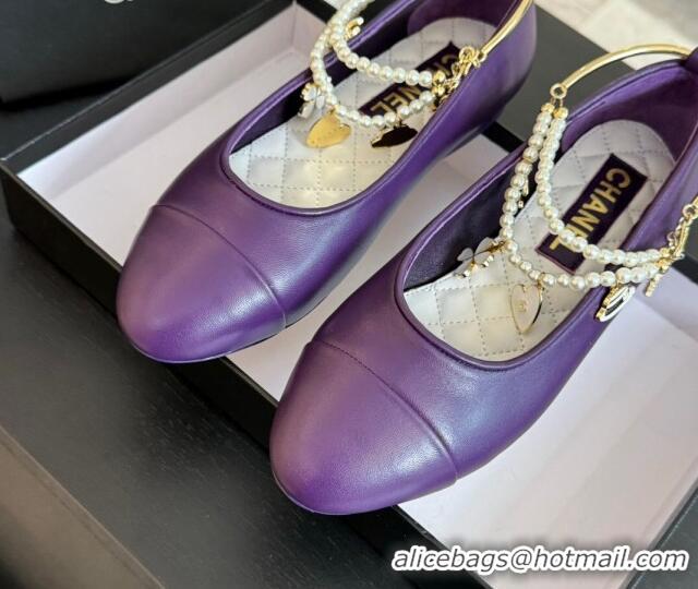 Popular Style Chanel Lambskin Ballet Flats with Pearls Anklet Purple 603006