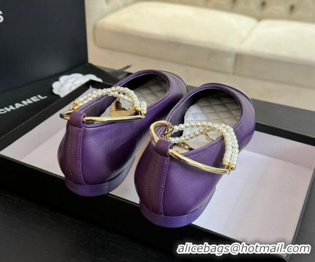 Popular Style Chanel Lambskin Ballet Flats with Pearls Anklet Purple 603006