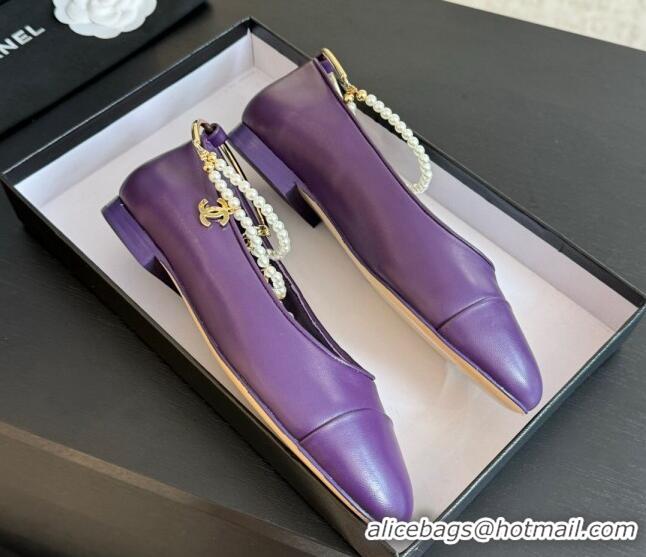 Popular Style Chanel Lambskin Ballet Flats with Pearls Anklet Purple 603006