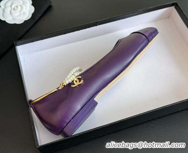 Popular Style Chanel Lambskin Ballet Flats with Pearls Anklet Purple 603006